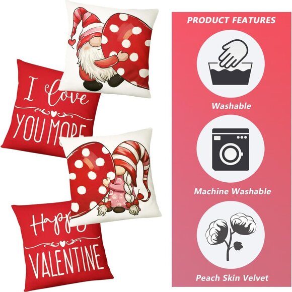 NWOT 4 pcs Pillow Covers 18×18 Inch Gnome Throw  Pillow Covers Holiday Valentine - Picture 2 of 5